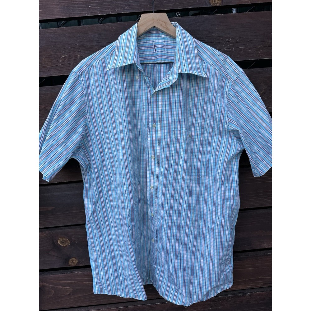 Lacoste Shirt Mens‎ 38 Blue Plaid Cotton Short Sleeve Button Front Casual XL